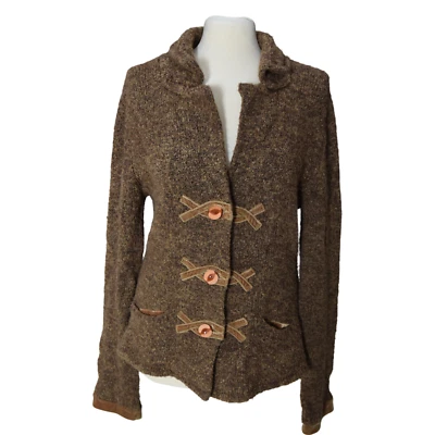 HWR Anthropologie Brown Rust Boucle Jacket Sweater Cardigan Velvet Trim Large - Image 1 of 4