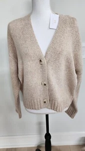 H-HALSTON Relaxed Fit V-Neck Button Down Short Sweater In Light Beige Sz L NWT - Picture 1 of 16