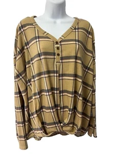 Como Vintage Women’s XXL Front Knot Twist Blouse Size 2X Plaid/beige V-neck - Picture 1 of 4