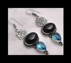 NEW - BLACK ONYX & BLUE TOPAZ TREE OF LIFE ANTIQUE SILVER DANGLE HOOK EARRINGS - Picture 1 of 4