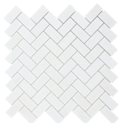 HERRINGBONE THASSOS MINI Mosaicos de mármol blanco | Baldosas de piedra natural | (£172/m2) Foto 1 de 4