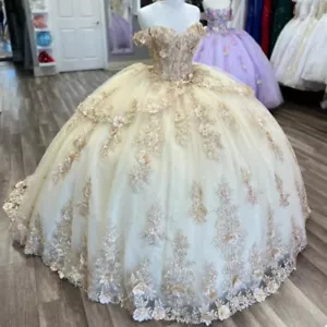 Light Champagne Quinceanera Dresses Off Shoulder 3D Flowers Applique Party Gowns - Picture 1 of 14