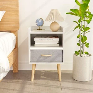 Nightstand With Collapsible Fabric Drawer, 2-Tier Storage Wood Side Table White - Picture 1 of 12