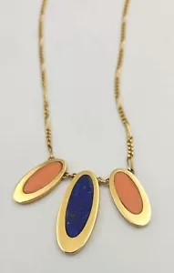 18K Fine Gold Chain Necklace 20" Long 3mm Wide 12.8 Grams w/Lapis/Coral Accents - Picture 1 of 13