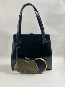 Waldybag Vintage 1950s Black Leather Handbag Purse & Up Cycled Stratton Compact - Picture 1 of 24