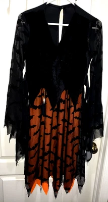 NIÑAS GRANDE NEGRO NARANJA TERCIOPELO TOP HALLOWEEN BRUJA VESTIDO DISFRAZ ILUMINAR? Murciélagos Foto 1 de 2