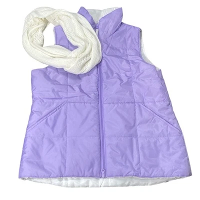 Women’s Purple Puffer Vest & White Knit Scarf | Winter Layering Set | Size L - Image 1 of 4