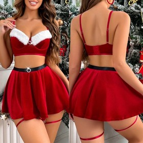 Women Naughty Christmas Lingerie Sexy Santa Babydoll Crop Top & Mini Skirt Set