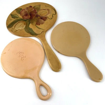 3 Antique Celluloid Hand Mirrors Boudoir Vanity Dresser Decor 1900-1920s FLAWS - Image 1 of 4