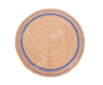 Hand Braided Rounded Jute Rug With Outline Of Light Blue Colour - Image 1 of 4