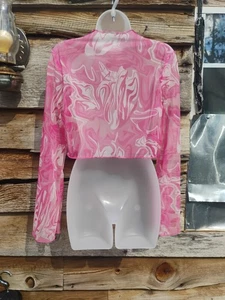 70s Barbie Pink Sheer Mesh Long Sleeve Crop Top M Retro Y2K Club Blouse - Picture 1 of 4