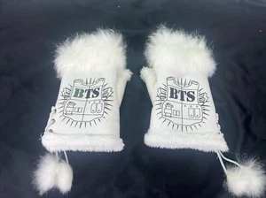 BTS White Fur Army Mitt Fingerless Gloves KPOP Merch RARE - Picture 1 of 7
