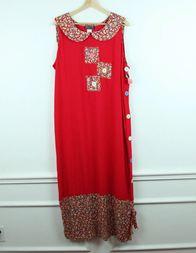 Vestido Jersey Vintage XL Años 90 Cottagecore Cuello Marinero Twee Maestro Rojo Floral Foto 1 de 4