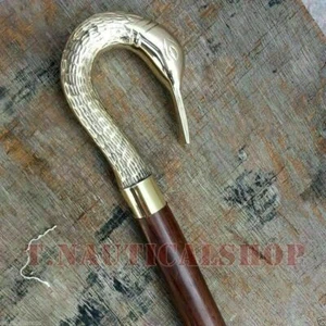 Antique Brass Swan Head Handle Wooden Vintage Cane Designer Wooden Walking Stick - Picture 1 of 2