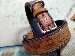 Shwaan M 13" -17" Leather Dog Collar Floral Pattern handmade Genuine Tooled  - Picture 1 of 7