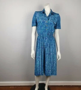 Vintage Schrader Petite Size 6 Midi Dress Blue Button Down Pleated Shoulder Pads - Picture 1 of 11