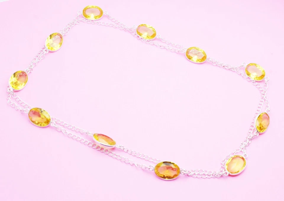 Yellow Citrine Gemstone Handmade 925 Sterling Silver Jewelry Necklace Sz 36" - Изображение 1 из 1