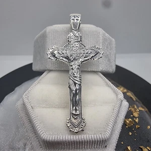 Saint Benedict Crucifix Cross Pendant 925 Sterling Silver 8.4g Religious Gift - Picture 1 of 4