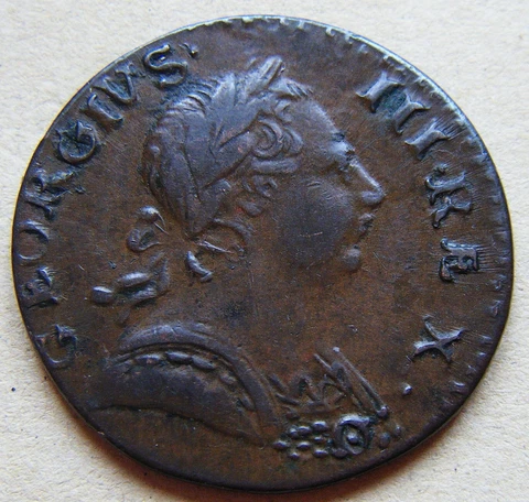 George III, colonial, non-regal or evasion halfpenny 1773 'Aging George' family Cover