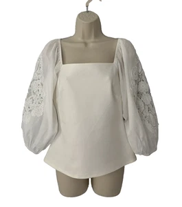 Boston Proper White Square Neck Lace Balloon Sleeve Top Sz S - Picture 1 of 6