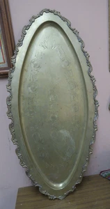 VINTAGE 14" x 30" OVAL PLATTER ETCHED BRASS SARNA INDIA TABLE SERVING FOOD TRAY - Picture 1 of 6
