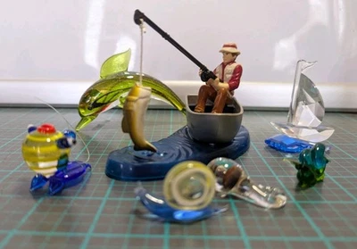 Vintage 2002 DecoPac Cake Topper Fisherman Fish 2.75" Plastic & Blown Art Glass  - Image 1 of 4