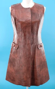 VTG Women's 60s Brown Leather Mod Mini Dress W/ Pockets Sz XS/S 1960s Zip Front - Picture 1 of 24