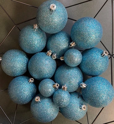 "Juego 15 adornos navideños costeros Aqua Glitter 12 son 3"" y 3 son 1,5"" redondos" Foto 1 de 3