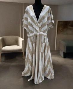 ASHLEY STEWART Striped Linen Dress Size 16 Side Pockets Wrap Maxi Style - Picture 1 of 8