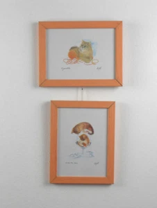 Coppia 2 quadri Serigrafia Gatto con Gomitolo di lana Gattini con pesci Animali - Imagen 1 de 3