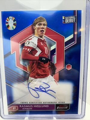 2023 Topps Finest UEFA Euro Rasmus Hojlund National Debut Blue Auto 76/150 - Image 1 of 4
