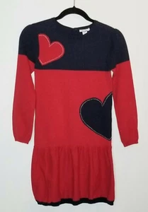 Hartstrings Red Blue Heart Long Sleeve Sweater Dress 100% Cotton Girls 10/12 - Picture 1 of 6