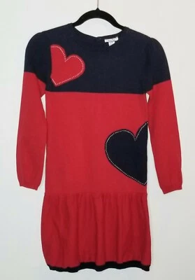 Hartstrings Red Blue Heart Long Sleeve Sweater Dress 100% Cotton Girls 10/12 - Image 1 of 4