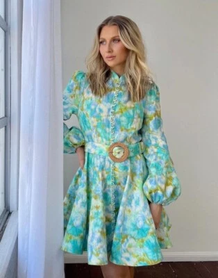 Zimmermann High Tide Buttoned Mini Dress Aqua Ikat - Size 3 / AU 14 / US 10 - Image 1 of 4