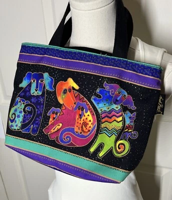 "Cartera para perro Laurel Burch cremallera superior lona abstracta colorida asa superior 11,5""x 8,5""" Foto 1 de 4