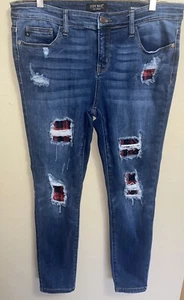 Judy Blue Skinny Jeans Buffalo Plaid Patch Blue Distressed 15/32 Holiday Outdoor - Picture 1 of 8