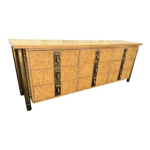 Vintage Mid 20th Century Mastercraft Tan Burl Wood and Brass Traditional Dresser Cover