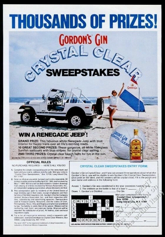 Jeep Renegade 1980 SUV blanco y azul foto de playa Gordon's Gin anuncio impreso vintage Foto 1 de 1