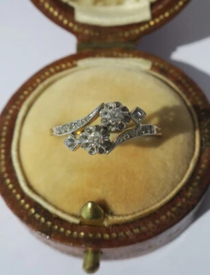 Bague Toi et Moi ancienne or rose massif 18 carats diamants XIXe fiançailles - Photo 1/4