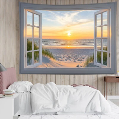 Tapiz de playa costera paisaje puesta de sol ventana para dormitorio sala dormitorio Foto 1 de 4
