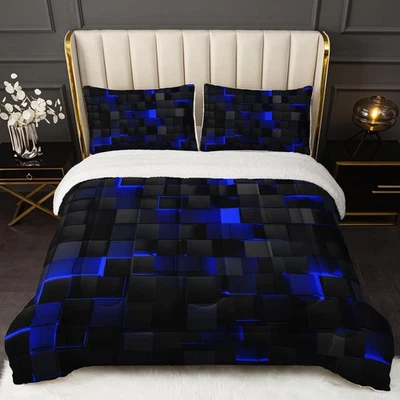 Conjunto de edredom Sherpa geométrico abstrato 3D, favo de mel azul preto luz neon F... - Imagem 1 de 4