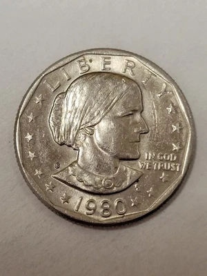 1980 年代重新打孔 Blotchy 完好标记,DD 格言 Mark Susan B Anthony Dollar  — 第 1/2 张图片