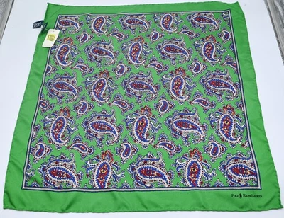 NUEVO CON ETIQUETAS Vintage Ralph Lauren Polo Verde Paisley Bolsillo Cuadrado Hecho a Mano Italia Bufanda Foto 1 de 4