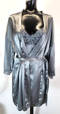 Victoria's Secret Short Nightgown/Robe Set Gray Satin Lace Size Medium 2pc - Image 1 of 4