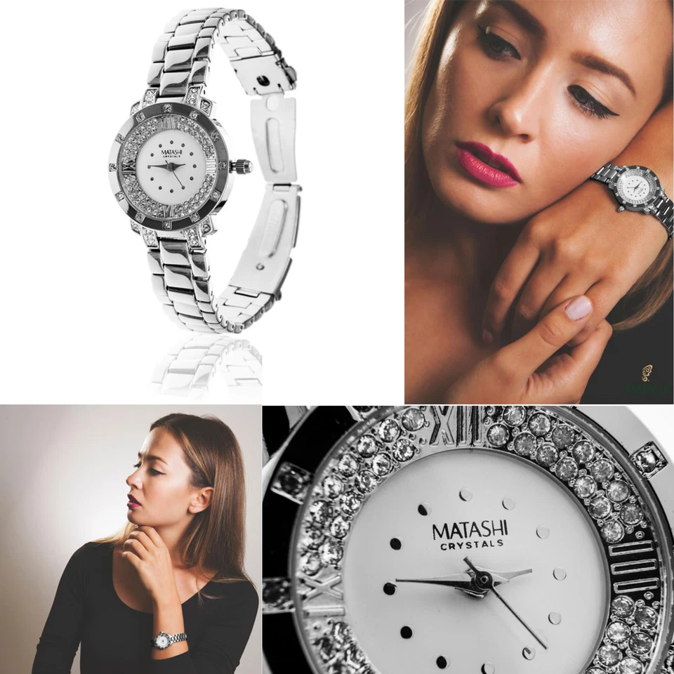 18K White Gold Plated Woman's Watch w/ 60 High Quality Crystals by Matashi - Image 1 of 1
