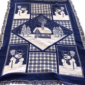 Vintage 1992 MWW Christmas Throw Tapestry Afghan Blanket Snowman 45" x 65" - Picture 1 of 7