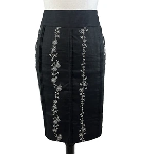 Style & Co Skirt size 8 Petite Black Linen Knee A Line Floral Embroidery Modest - Picture 1 of 8