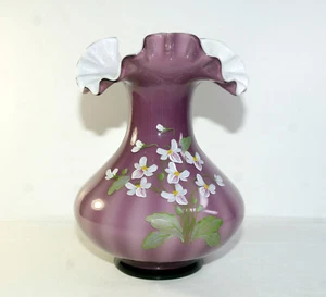 Fenton Plum Cased Glass Hand Painted Floral Vase Ruffled Crimped Edge Signed - Picture 1 of 7