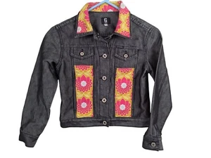 Guess Girls size M 10 Black Jean Jacket Upcycled Pink Floral Embellished Western - Picture 1 of 12