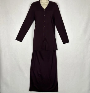 VTG Carole Little 2 Piece Set Top/Skirt L Burgundy Button Ribbed Slit Secretary - Picture 1 of 12